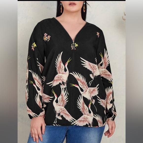 Tops - EMERY ROSE Plus Crane Print Half Zipper
Blouse, Sizes 14(1XL) and 16(2XL), NWOT